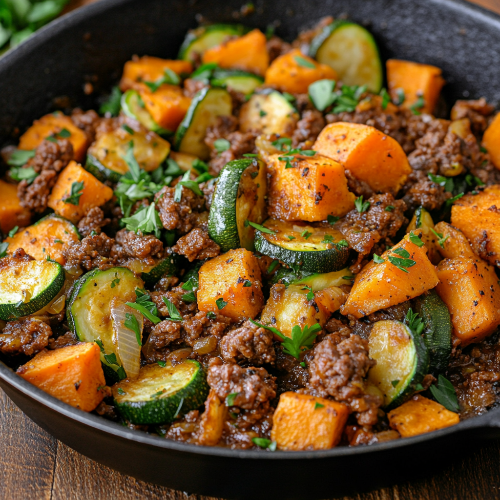 Ground Beef Zucchini Sweet Potato Skillet